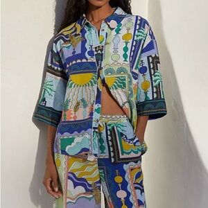 By Anthropologie Short-Sleeve Printed Linen Buttondown Shirt